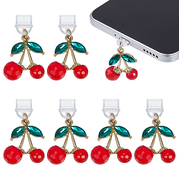 6Pcs Plastic Mobile Dustproof Plugs, with Alloy & Acrylic Pendants, Cherry, Golden, 38mm