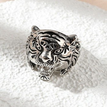 Brass Cuff Rings for Women Men, Tiger's Head, Antique Silver, 21mm