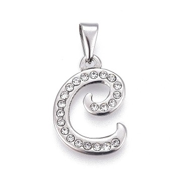304 Stainless Steel Pendants, with Rhinestone, Letter, Letter.C, 23x16x2mm, Hole: 3~3.5x7.5~8mm