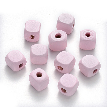 Spray Painted Natural Maple Wood Beads, Cube, Pink, 9~11x8~10x9~10x3~4mm, about 1000pcs/500g