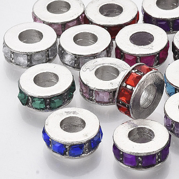 Alloy European Beads, with Glass Rhinestone, Large Hole Beads, Column, Antique Silver, Mixed Color, 12x5mm, Hole: 5mm