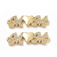 Brass Micro Pave Cubic Zirconia Connector Charms, Mother's Day Links, Word M Heart M, Golden, 7.5x26x3mm, Hole: 1mm(ZIRC-I062-06G)