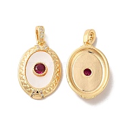 Brass Pave Cubic Zirconia Pendants, Oval Charms with Natural Shell, Real 18K Gold Plated, Dark Red, 22.5x15.5x4mm, Hole: 2x4.5mm(KK-I703-08G-02)