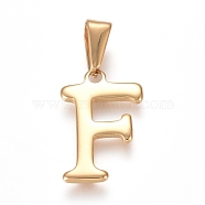 304 Stainless Steel Pendants, Golden, Initial Letter.F, 20x13.5x1.8mm, Hole: 3x7mm(STAS-F106-95G-F-01)