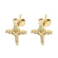 Brass Micro Pave Cubic Zirconia Ear Studs, Cross, Real 18K Gold Plated, 14.5x11.5mm(EJEW-P261-25B-G)