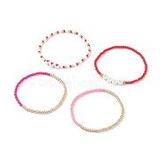 4Pcs 4 Style Heart & Word Kiss Plastic Beaded Stretch Bracelets Set, Glass Seed Bracelets for Women, Red, Inner Diameter: 2-1/4 inch(5.8cm), 1Pc/style(BJEW-JB08699)