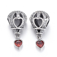 925 Sterling Silver European Beads, Large Hole Beads, with Cubic Zirconia, Carved with 925, Hot Air Balloon, Thai Sterling Silver Plated, 21x10.5x10.5mm, Hole: 4.5mm, Heart: 7x5x2.5mm(OPDL-L017-084TAS)