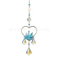 Natural White Jade Wrapped Heart Hanging Ornaments, Leaf Glass Tassel Suncatchers for Home Outdoor Decoration, 282~288x54mm(HJEW-JM01614-03)