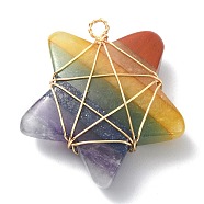 7 Chakra Gemstone Copper Wire Wrapped Pendants, Natural Mixed Stone Star Charms, Golden, 31~32x29.5~30x9mm, Hole: 2.5mm(PALLOY-TA00050-01)