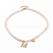 304 Stainless Steel Initial Pendant Necklaces, with Rice Natural Pearl Beads and Brass Star Charms, White, Golden, Letter.M, Letter M: 25x23x1.5mm, 16.92 inch(43cm)(NJEW-JN03296-03)