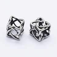 304 Stainless Steel Beads, Large Hole Beads, Hollow Cube, Antique Silver, 8x8x8mm, Hole: 6x6mm(STAS-O102-13AS)