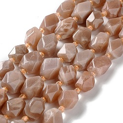 Natural Peach Moonstone Beads Strands, with Seed Beads, Faceted, Rhombus, 12~15x9~12x9~12mm, Hole: 1~1.2mm, about 20~21pcs/strand, 15.20~15.51 inch(38.6~39.4cm)(G-C182-13-01)