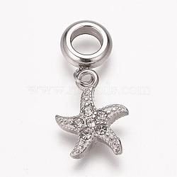 304 Stainless Steel Rhinestone European Dangle Charms, Large Hole Pendants, Starfish/Sea Stars, Antique Silver, 25mm, Hole: 5mm, Pendant: 15x12x3mm(OPDL-K001-18AS)