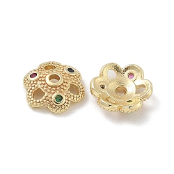 Brass Micro Pave Cubic Zirconia Bead Caps, Long-Lasting Plated, 6-Petals, Flower, Golden, 8.5x2.5mm, Hole: 1.2mm(ZIRC-F141-18G-01)