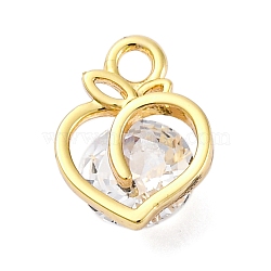 Brass Cubic Zirconia Pendant, Peach Charms, Real 18K Gold Plated, 10.5x8x5mm, Hole: 1.6mm(KK-A240-12G)