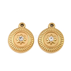 304 Stainless Steel Charms, with Crystal Rhinestone, Ion Plating(IP), Flat Round with Sun Charms, Real 18K Gold Plated, 13x10x3mm, Hole: 1mm(RB-CBABFDA-01G)