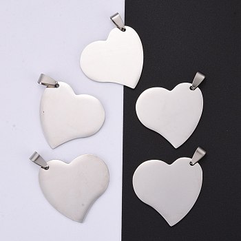 304 Stainless Steel Pendants, Manual Polishing, Stamping Blank Tag, Heart, Stainless Steel Color, 32x33x1.8mm
