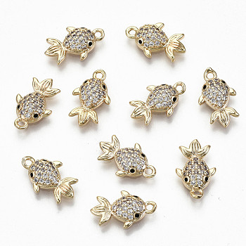 Brass Micro Pave Clear Cubic Zirconia Charms, Nickel Free, Goldfish Shape, Real 18K Gold Plated, 14x8.5x3mm, Hole: 1.2mm