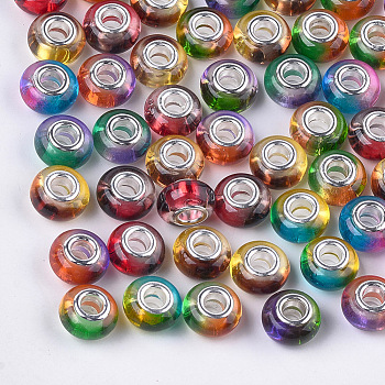 Resin European Beads, Large Hole Beads, with Brass Double Cores, Two Tone, Rondelle, Mixed Color, 14x8.5~9mm, Hole: 5mm