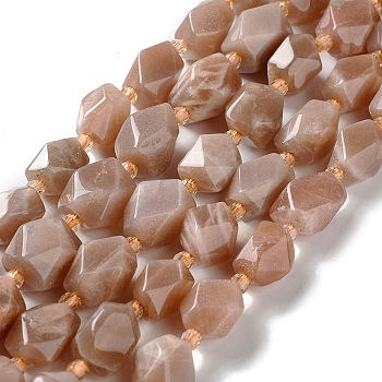 Natural Peach Moonstone Beads Strands, with Seed Beads, Faceted, Rhombus, 12~15x9~12x9~12mm, Hole: 1~1.2mm, about 20~21pcs/strand, 15.20~15.51 inch(38.6~39.4cm)