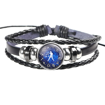 12 Constellation Leather Cord Bracelets, with Alloy Beads and Wax Cord, Flat Round, Libra, 2-3/8 inch(6cm)