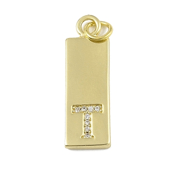 Brass Micro Pave Clear Cubic Zirconia Pendants, Real 18K Gold Plated, Rectangle, Letter T, 23.5x7.5x2mm, Hole: 3mm
