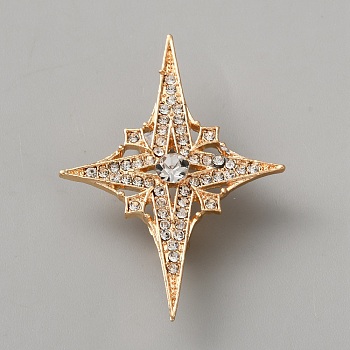 Alloy Rhinestone Lapel Pins for Backpack Clothes, Star, Light Gold, 47x33.5mm
