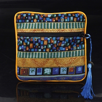 Square Chinese Style Cloth Tassel Bags, with Zipper, for Bracelet, Necklace, Blue, 11.5x11.5cm