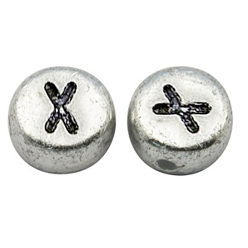 Silver Color Plated Acrylic Horizontal Hole Letter Beads, Flat Round, Letter.X, 7x3.5mm, Hole: 1mm, about 360pcs/50g