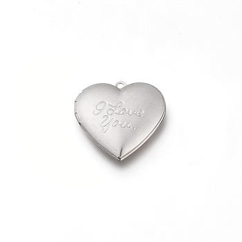 Valentine's Day 304 Stainless Steel Locket Pendants, Photo Frame Charms for Necklaces, Heart with Word I Love You, Stainless Steel Color, Tray: 20x21.5mm, 29x28.5x6.5mm, Hole: 2mm