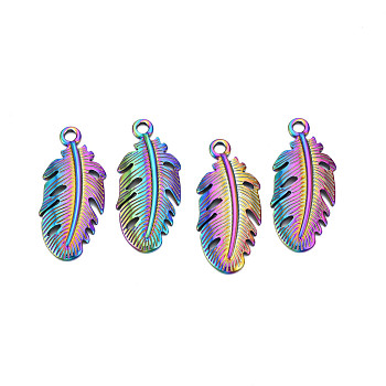 Ion Plating(IP) 304 Stainless Steel Pendants, Leaf, Rainbow Color, 35.5x15.5x2.5mm, Hole: 2.5mm