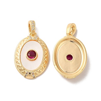Brass Pave Cubic Zirconia Pendants, Oval Charms with Natural Shell, Real 18K Gold Plated, Dark Red, 22.5x15.5x4mm, Hole: 2x4.5mm
