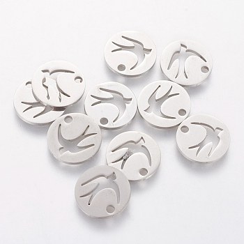 201 Stainless Steel Charms, Flat Round with Swallow, Stainless Steel Color, 12x1mm, Hole: 1.5mm