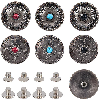 12 Sets 2 Styles Alloy Decorative Rivets,with Imitation Turquoise & Iron Screws, for Purse, Bags, Flat Round, Mixed Color, 25x7.5~8.5mm, Hole: 2.5mm