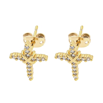 Brass Micro Pave Cubic Zirconia Ear Studs, Cross, Real 18K Gold Plated, 14.5x11.5mm