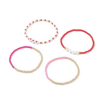 4Pcs 4 Style Heart & Word Kiss Plastic Beaded Stretch Bracelets Set, Glass Seed Bracelets for Women, Red, Inner Diameter: 2-1/4 inch(5.8cm), 1Pc/style