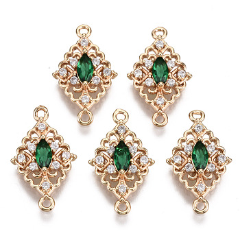 Brass Micro Pave Cubic Zirconia Links Connectors, with Glass, Long-Lasting Plated, Rhombus, Light Gold, Sea Green, 20x12x4mm, Hole: 1.2mm