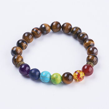 Natural Tiger Eye Stretch Bracelets, with Mixed Stone and Alloy Findings, 2-3/8 inch(59mm)