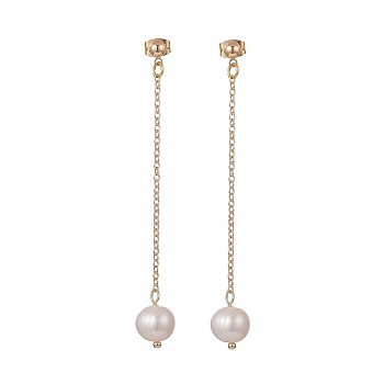 Natural Pearl Dangle Stud Earrings, Golden Brass Chain Tassel Earrings for Women, Round, 71mm, Pin: 0.7mm