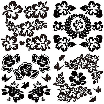 4Pcs 4 Styles PET Waterproof Self-adhesive Car Stickers, Reflective Decals for Car, Motorcycle Decoration, Black, Flower Pattern, 200x200mm, 1pc/style