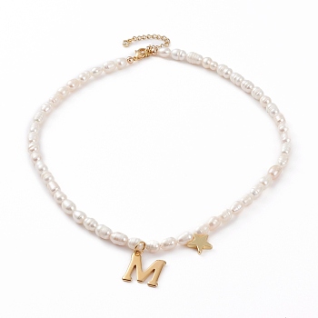 304 Stainless Steel Initial Pendant Necklaces, with Rice Natural Pearl Beads and Brass Star Charms, White, Golden, Letter.M, Letter M: 25x23x1.5mm, 16.92 inch(43cm)