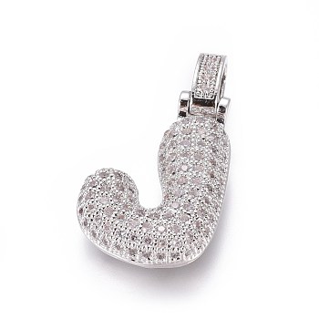 Platinum Plated Brass Micro Pave Cubic Zirconia Pendants, Letter, Letter.J, 30mm, Hole: 3.5x5mm, letter: 24x17x5.5mm