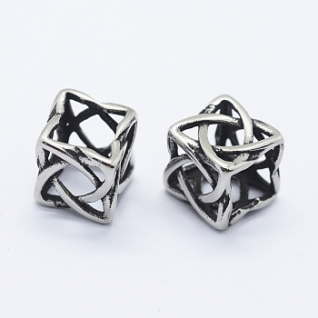 304 Stainless Steel Beads, Large Hole Beads, Hollow Cube, Antique Silver, 8x8x8mm, Hole: 6x6mm