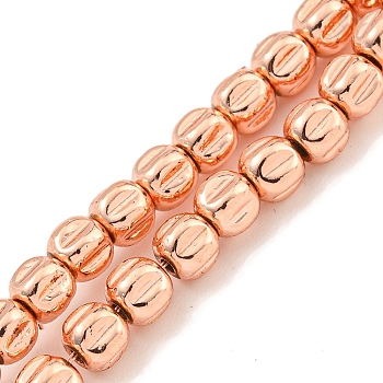 Electroplated Synthetic Non-magnetic Hematite Beads Strands, Grooved Column, Rose Gold Plated, 4.3mm, Hole: 1mm, about 99pcs/strand, 15.94 inch(40.5cm)