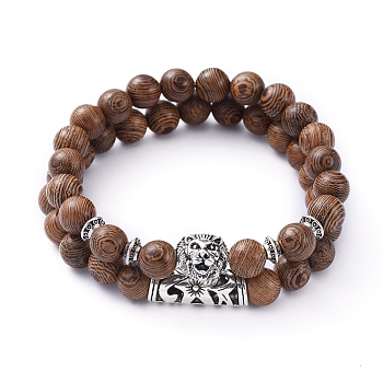 Stretch Bracelets Sets, with Natural Wood Beads and Tibetan Style Alloy Beads, Lion Head & Tube, Coconut Brown, Inner Diameter: 2 inch(5.2cm), 2pcs/set