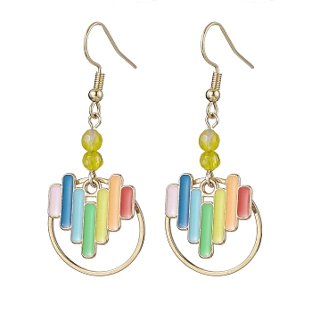 Heart Alloy Enamel & Brass Ring Dangle Earrings for Women, with Natural Agate Beads, Colorful, Golden, 49~50x20mm