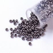 15/0 Grade A Round Glass Seed Beads, Iris Round Beads, Black Plated, 1.8~2x1~1.3mm, Hole: 0.5mm, about 8500pcs/50g(X-SEED-A022-F15-576)