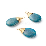 Natural Apatite Pendants, with Real 18K Gold Plated Eco-Friendly Copper Wire, Teardrop, 31.5x17x6mm, Hole: 2~3mm(PALLOY-JF00878)