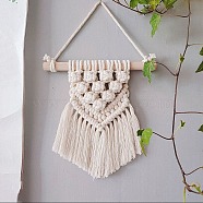 Cotton Cord Macrame Woven Tassel Wall Hanging, Boho Style Hanging Ornament with Wood Sticks, for Home Decoration, Floral White, 200x200mm(MAKN-PW0001-015G)