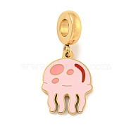 Ion Plating(IP) 304 Stainless Steel Enamel European Dangle Charms, Large Hole Pendants, Jellyfish Charm, Pink, 27mm, Hole: 4.5mm(STAS-U005-33G-02)